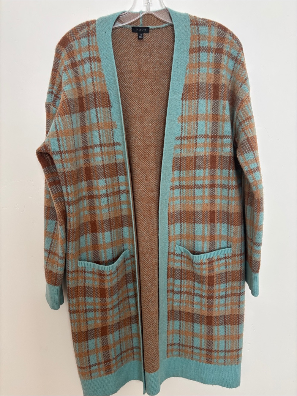 Talbots Aqua and Brown Plaid Open-Front Cardigan